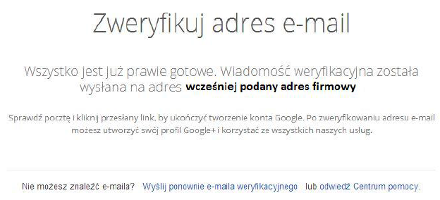 weryfikacja firmowego adresu email w google