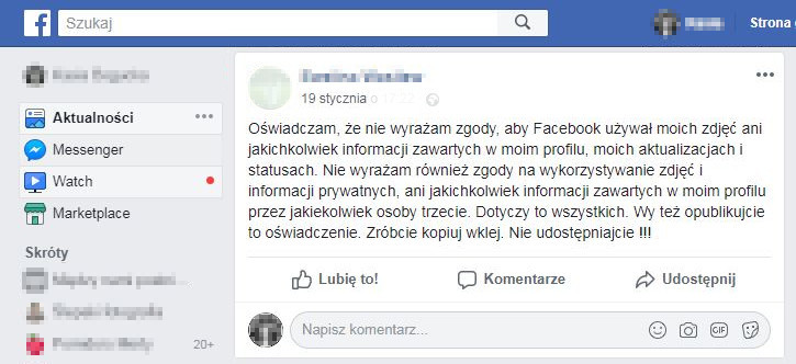 Oświadczenie na Facebooku