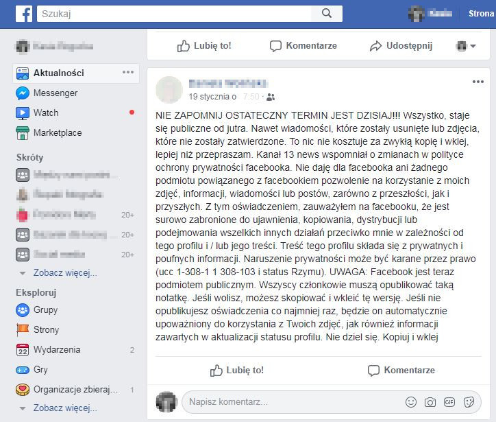 Oświadczenie na Facebooku