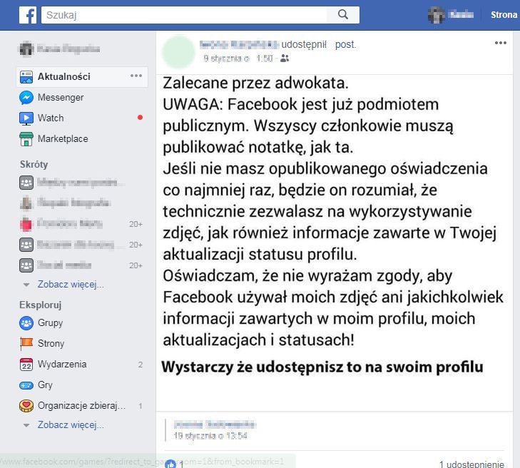 Oświadczenie na Facebooku