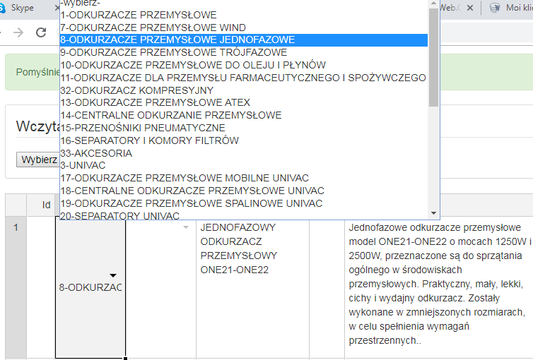 1.2 Wybieranie kategorii Należy kliknąć znaczek rozwijania – pojawi się lista wcześniej uzupełnionych kategorii (plik wgrany do widoku kategorii). Z tego miejsca należy wybrać, do której kategorii zostanie przyporządkowany produkt. Jeśli lista nie wyświetla się, należy wrócić do poprzednich kroków związanych z tworzeniem kategorii. Każdy produkt musi być podpięty do jakiejkolwiek kategorii (podkategorii lub kategorii nadrzędnej)