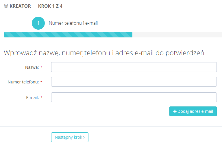 Przycisk CTA musi być także intuicyjny i nie kolidować z innymi elementami na stronie. W poniższym przykładzie, CTA Następny krok wydaje się być mniej istotne niż Dodaj adres e-mail. W rzeczywistości to przejście do następnego kroku jest obligatoryjne, a dodanie kolejnego adresu e-mail dobrowolne. Wyróżnienie niewłaściwego przycisku wprowadza użytkownika w błąd. 