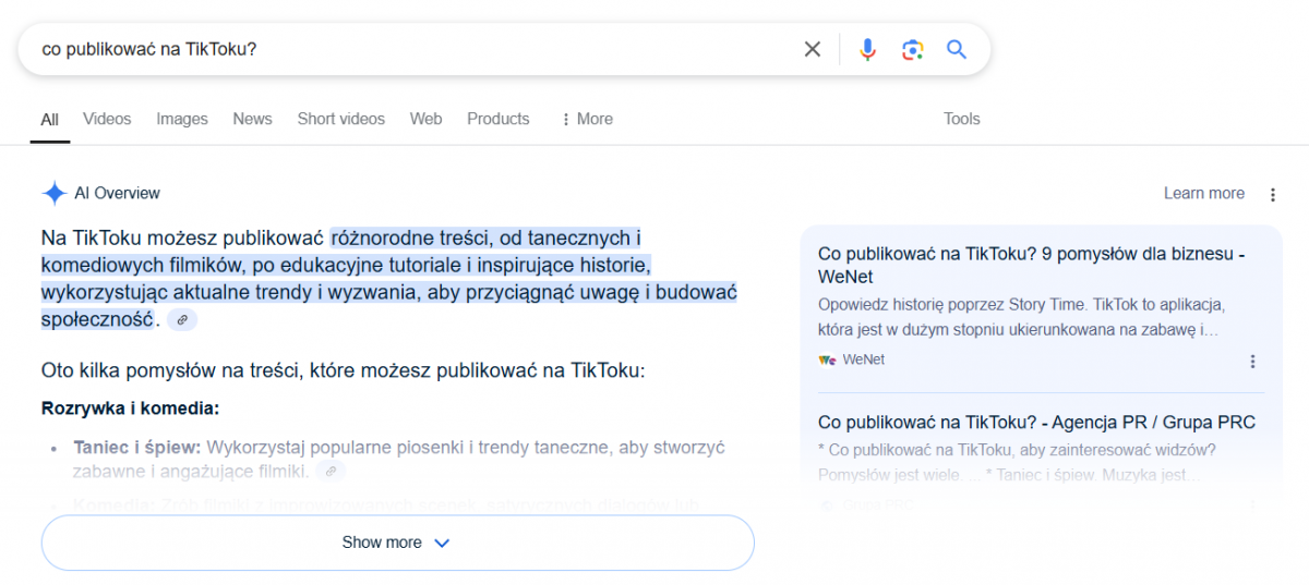 przykład AI Overview