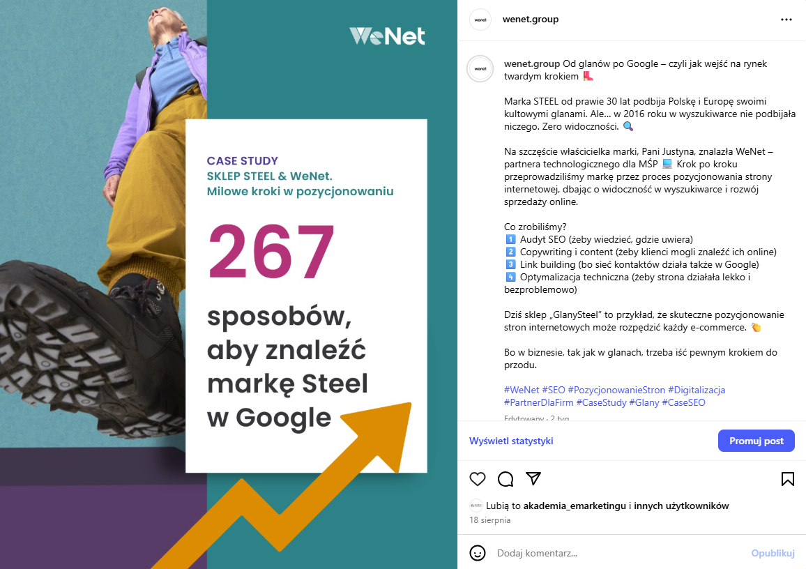 post na instagramie wenet z ciekawym wstępem