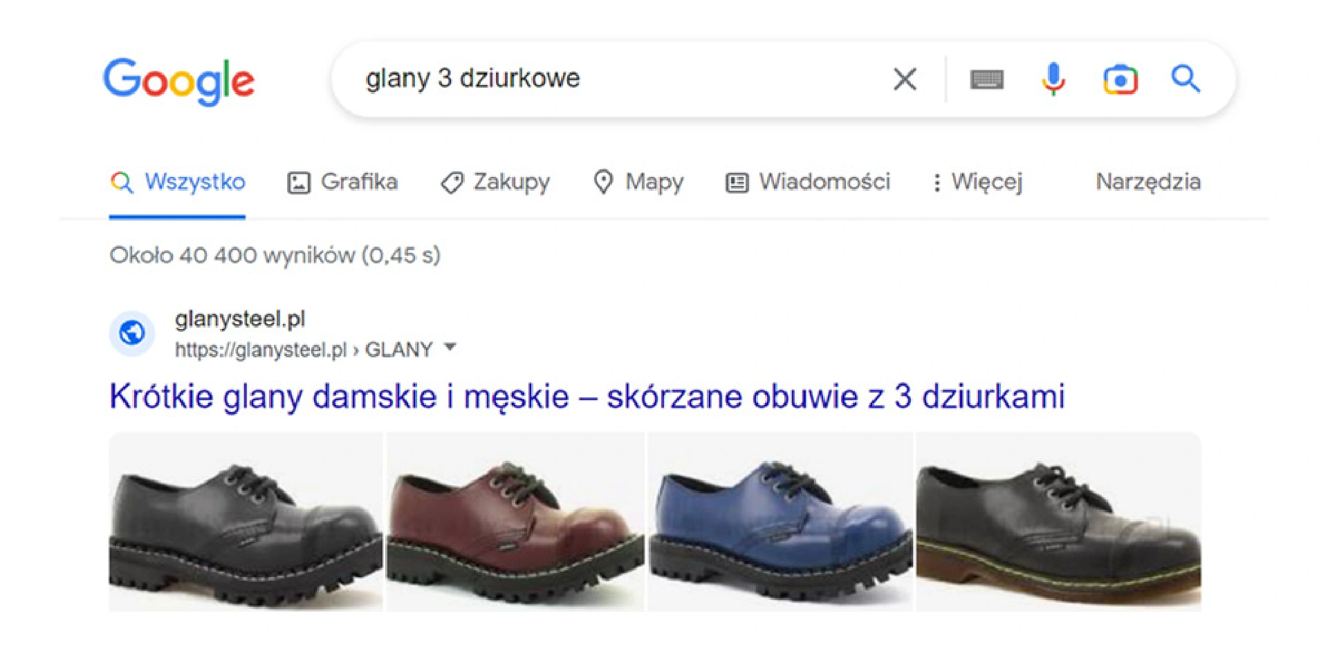 Zrzut ekranu z Google - wynik wyszukiwania na frazę "glany 3 dziurkowe"