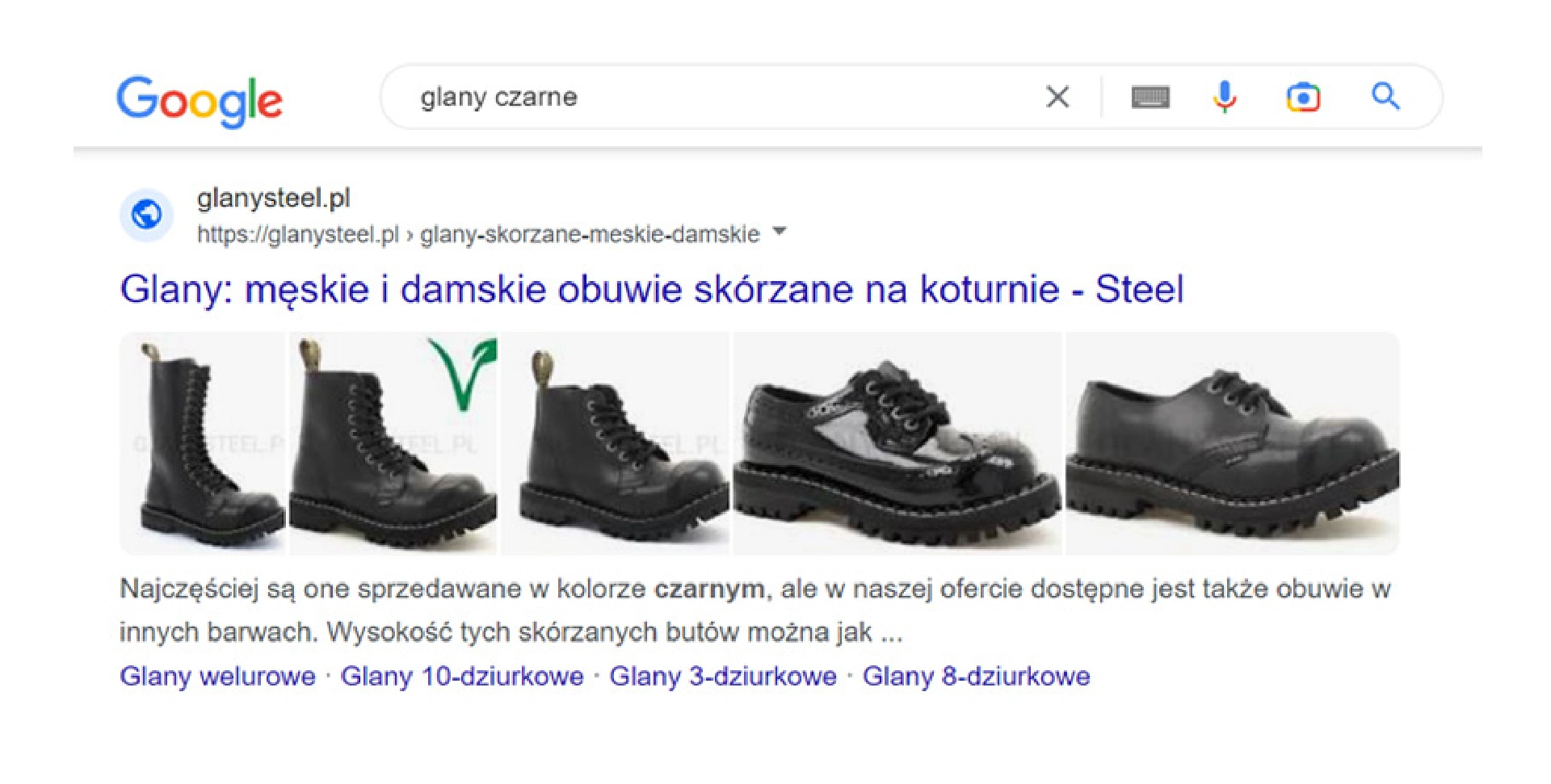 Zrzut ekranu z Google - efekt wyszukiwania na frazę "glany czarne"