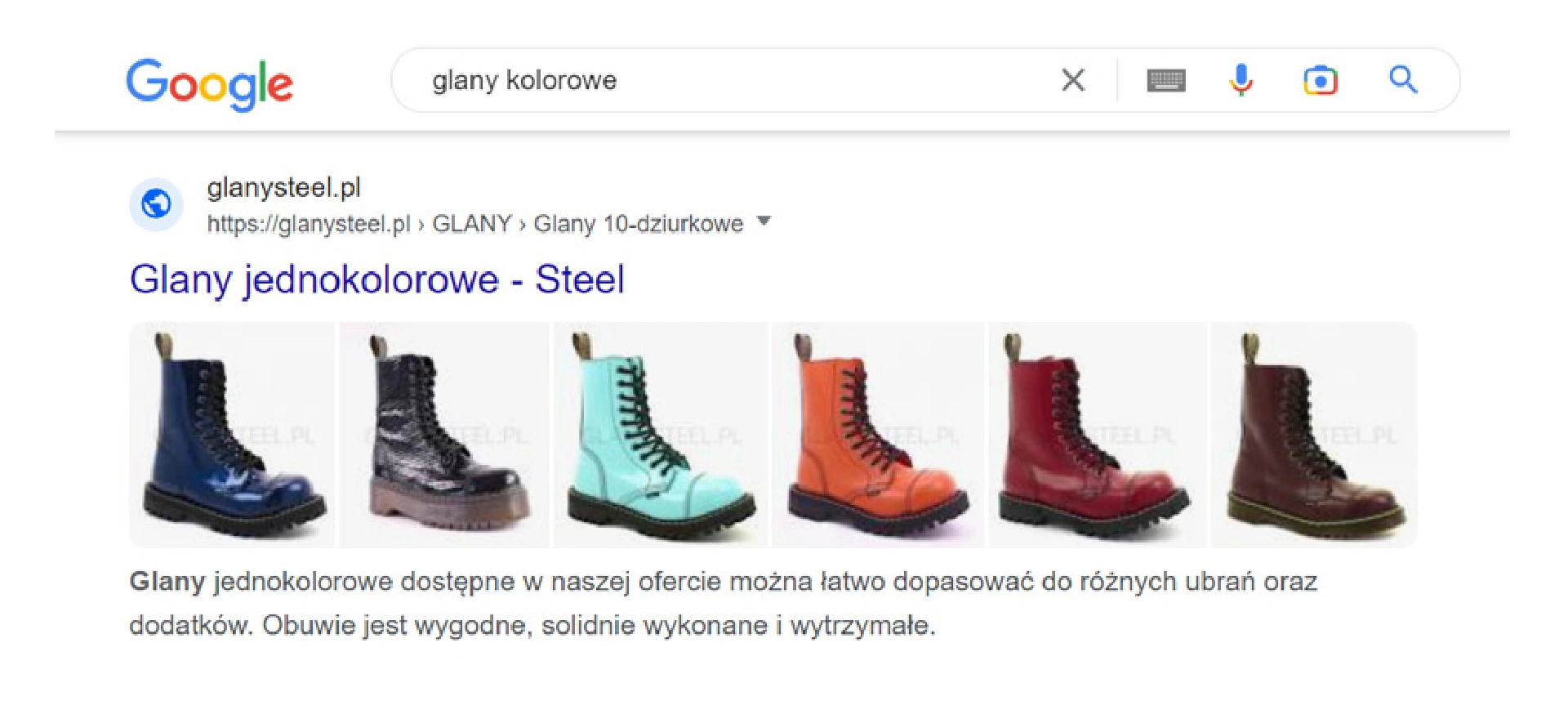 Zrzut ekranu z Google - efekt wyszukiwania na frazę " glany kolorowe"