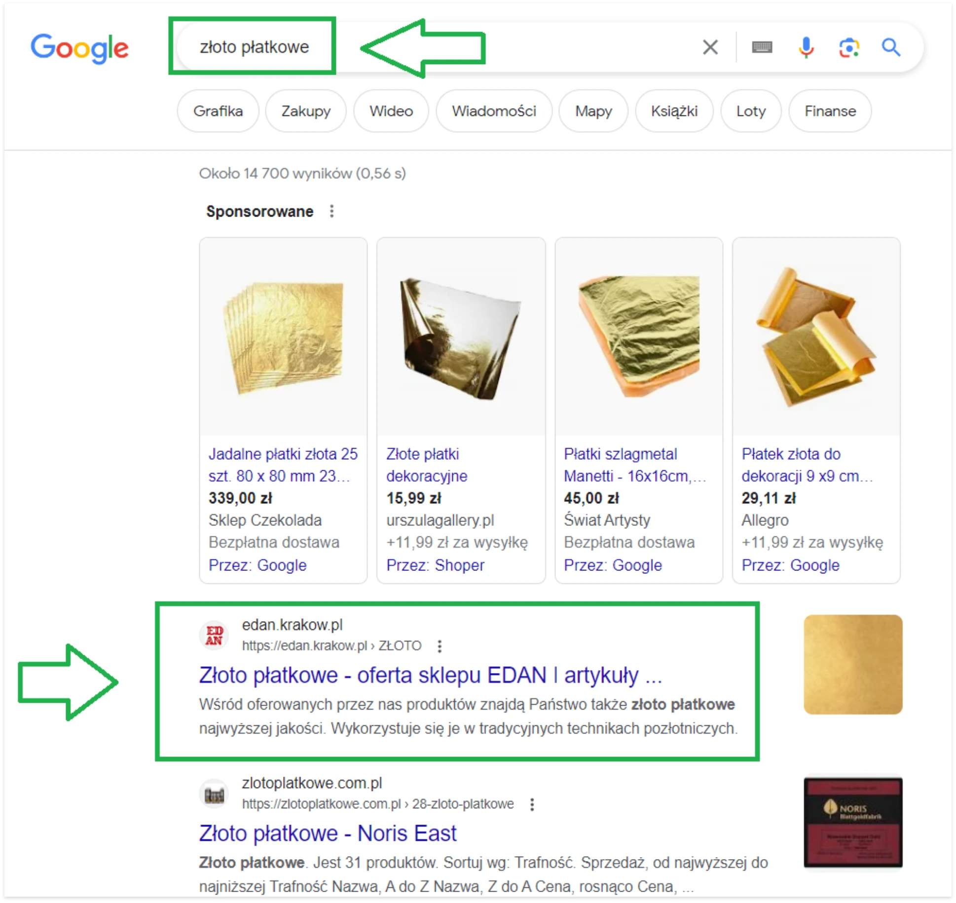 Zrzut z wyszukiwarki Google na słowo kluczowe złoto płatkowe