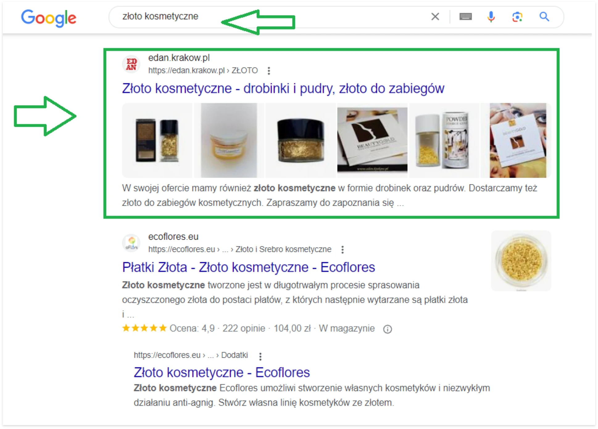 Zrzut z wyszukiwarki Google na słowo kluczowe złoto kosmetyczne