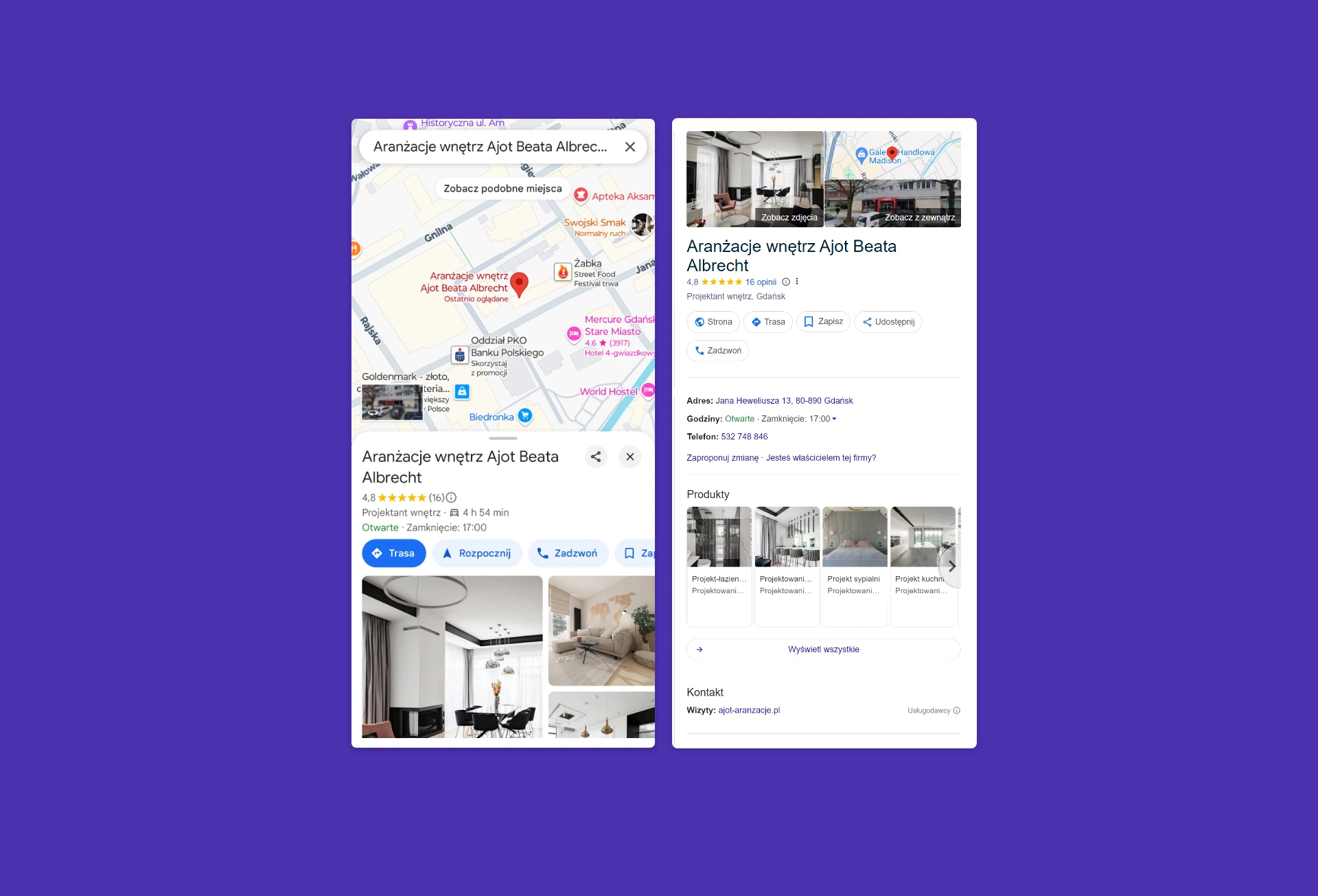 Zrzuty ekranu z wizytówki firmy Ajot z Google
