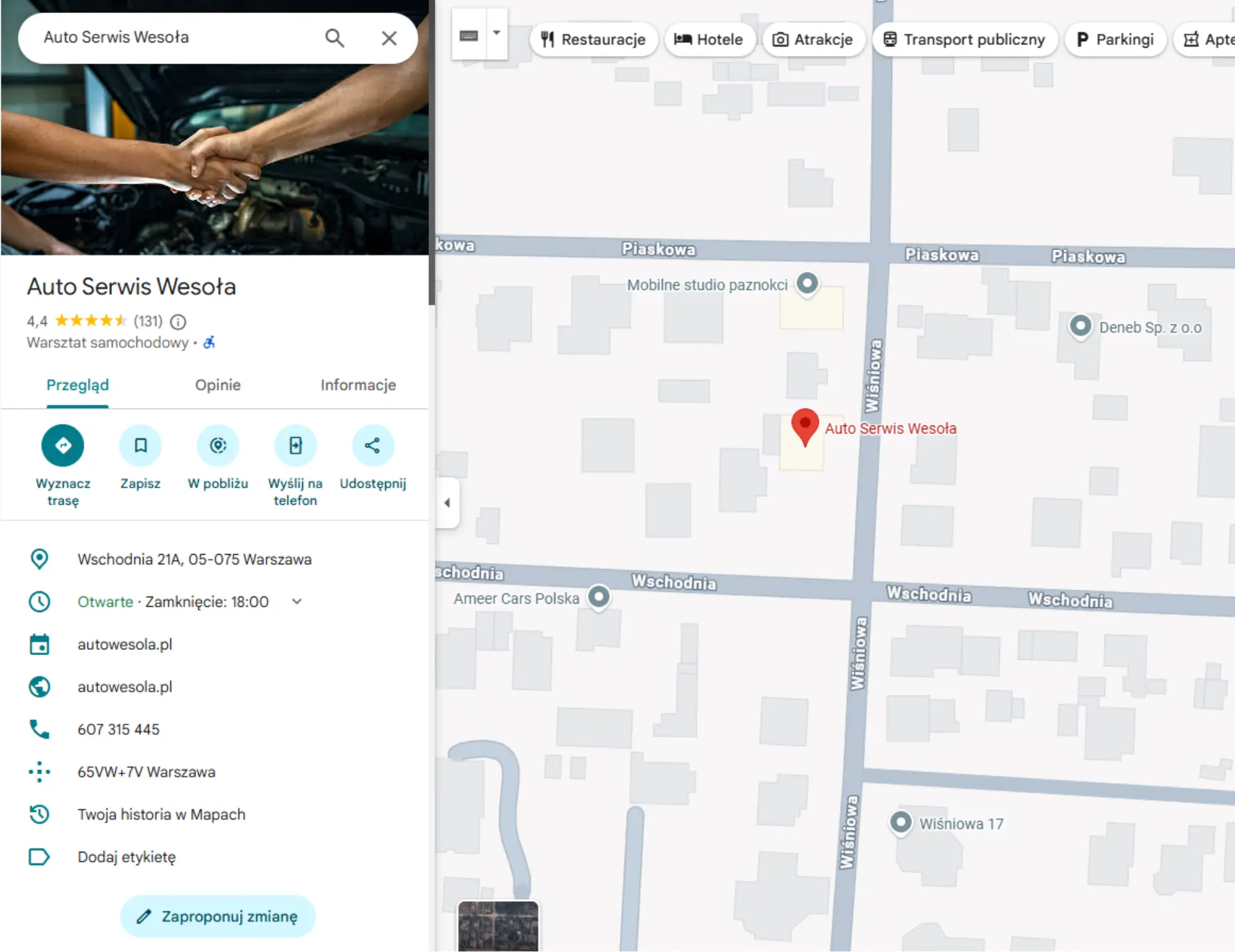 Zrzut wizytówki warsztatu samochodowego Auto Serwis Wesoła w Google