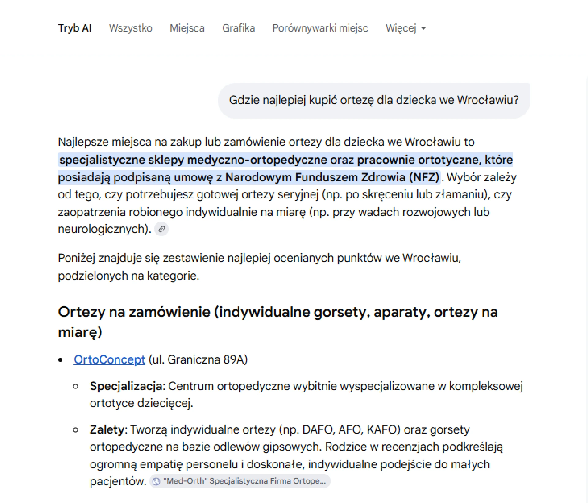 Odpowiedź wygenerowana przez AI na pytanie: „Gdzie najlepiej kupić ortezę dla dziecka we Wrocławiu?” 