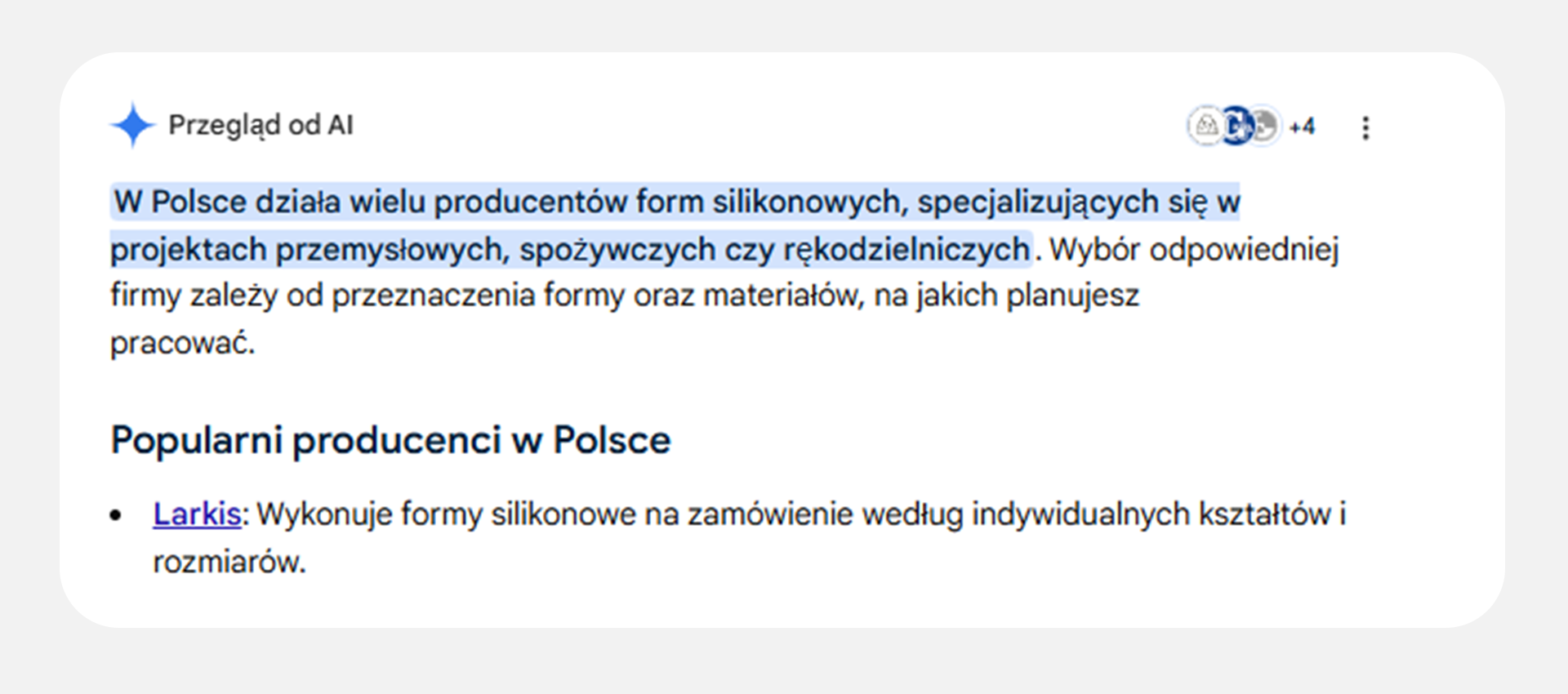 Odpowiedź AI Overviews na zapytanie „producent form silikonowych”