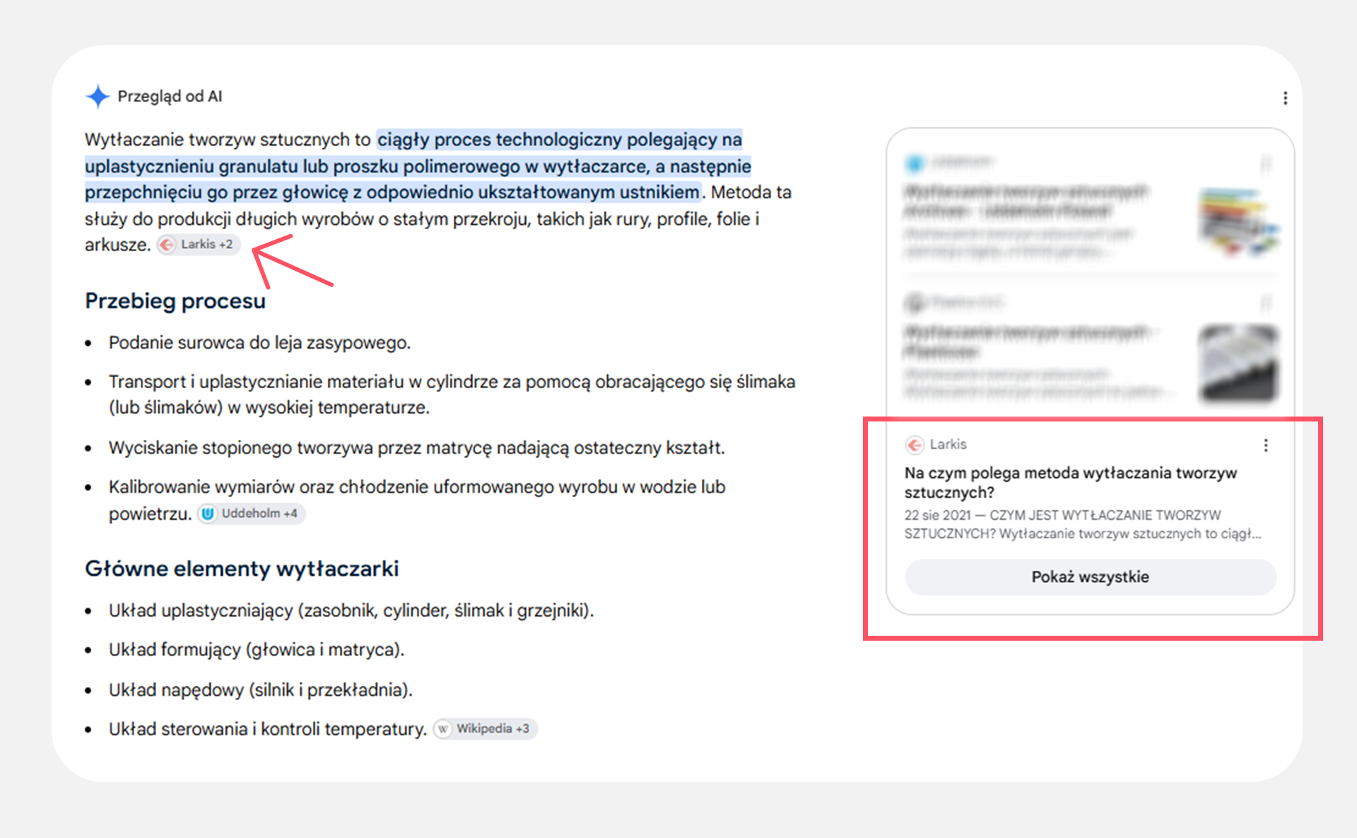 Odpowiedź AI Overviews na pytanie wpisane w Google „wytłaczanie tworzyw sztucznych” 